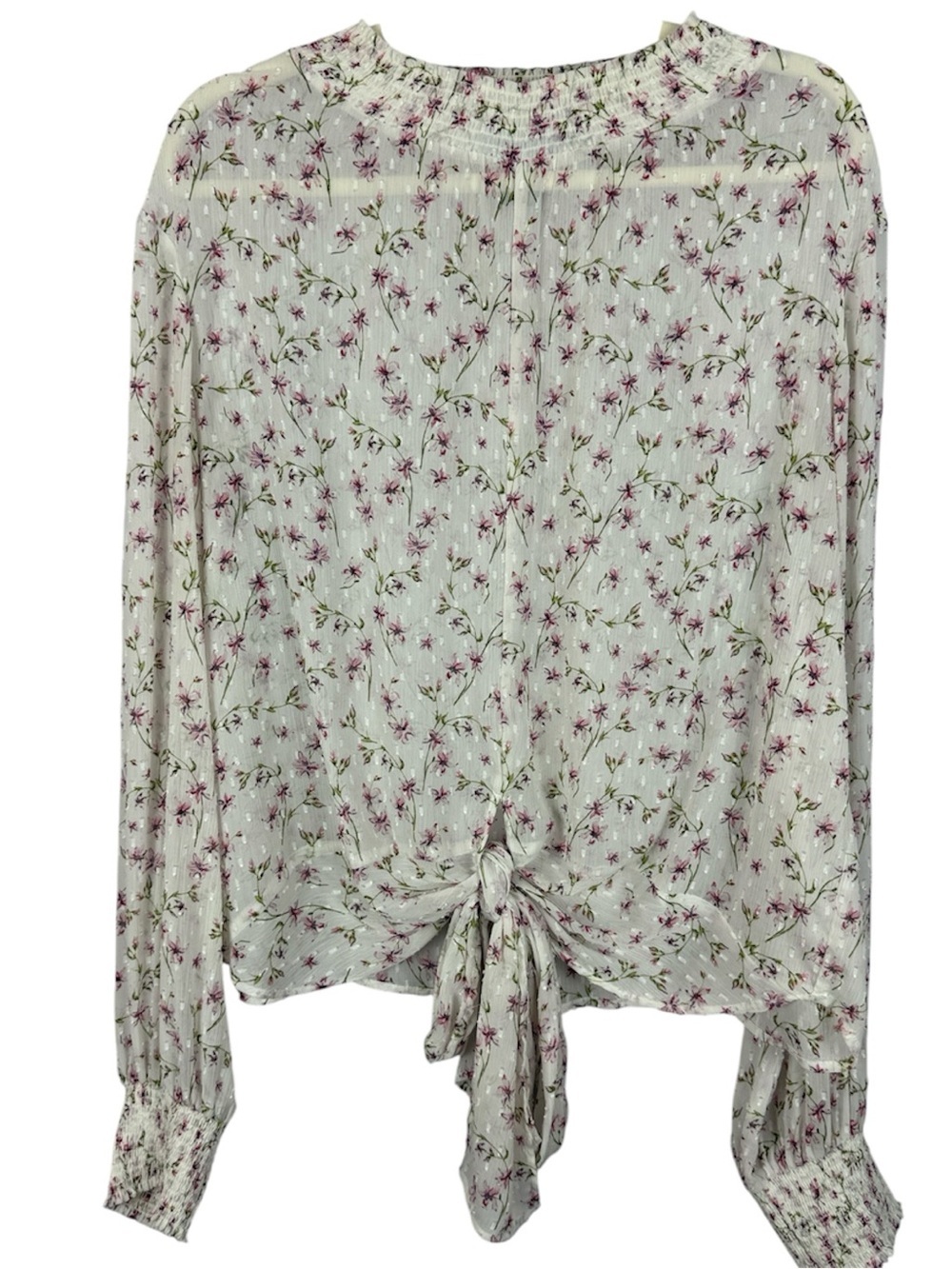 Maison Cinqcent Floral Swiss Dot Front Tie Sheer Blouse XL White Pink